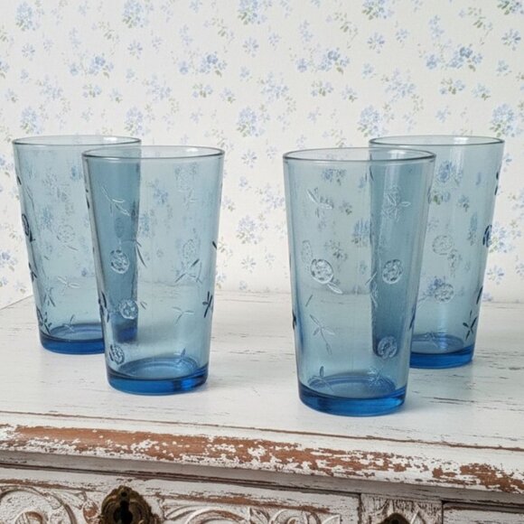 Anchor Hocking Other - Anchor Hocking Savannah Tumblers Blue Drinking Glasses Etched Flowers SET OF 4